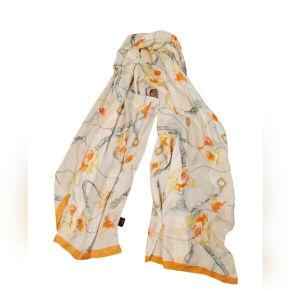 Emanuel Ungaro Vintage Silk Scarf Cream Orange Blue 65x20 - Picture 1 of 4